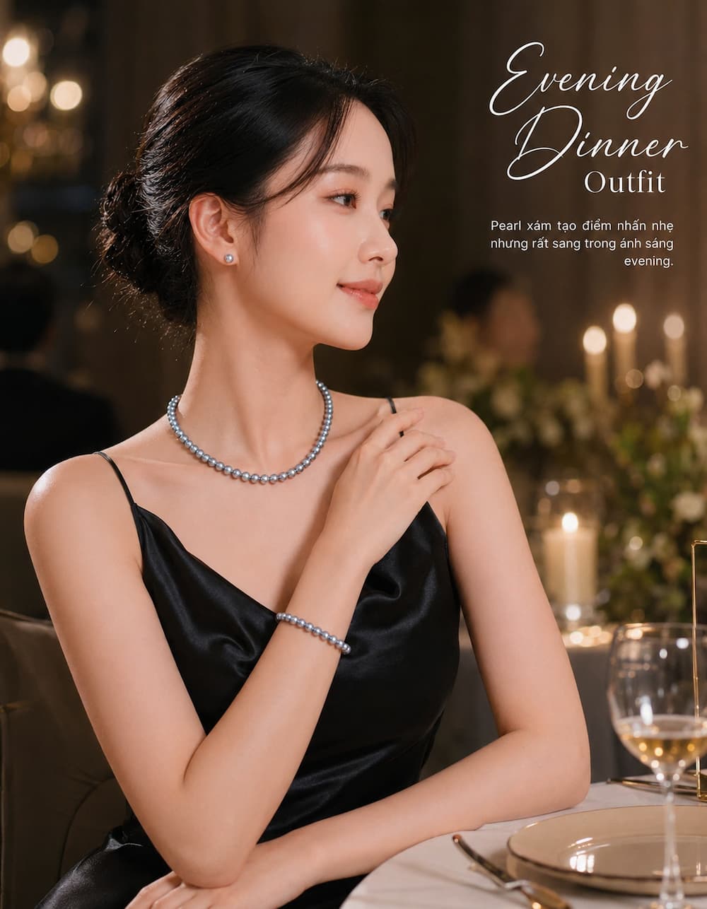 Bộ trang sức ngọc trai xám BTSNT255 phối váy đen satin cho buổi tiệc tối sang trọng