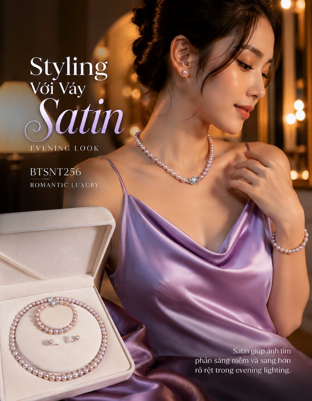 Bộ trang sức ngọc trai tím BTSNT256 phối váy satin evening phong cách romantic luxury