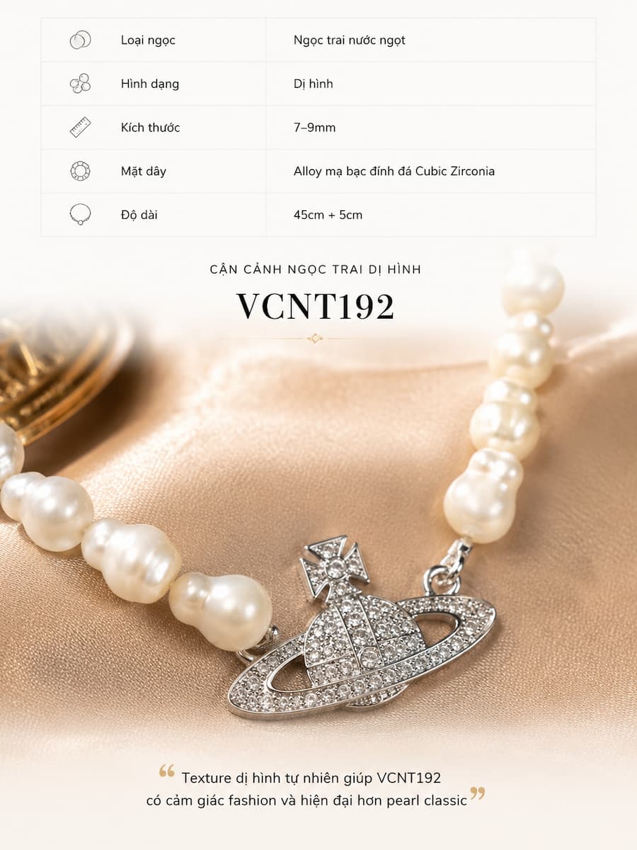 Cận cảnh ngọc trai dị hình tự nhiên của vòng cổ ngọc trai VCNT192 phối mặt địa cầu