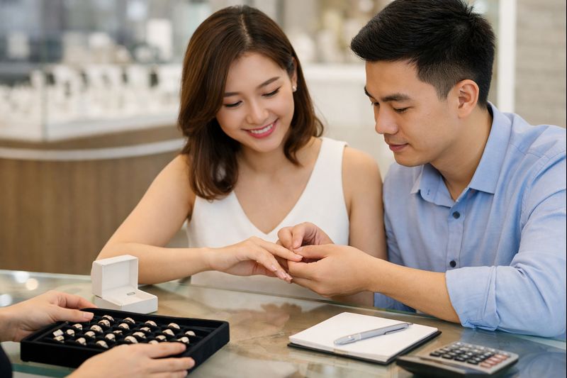 Cặp đôi thử nhẫn cưới khi chuẩn bị kết hôn và xây dựng tiêu chí lựa chọn