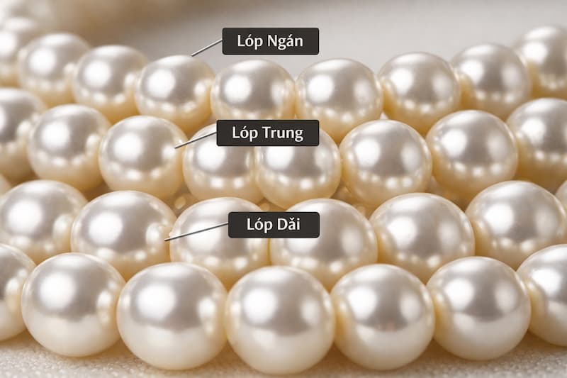 Cấu trúc vòng cổ ngọc trai nhiều tầng với các lớp ngọc xếp theo độ dài khác nhau