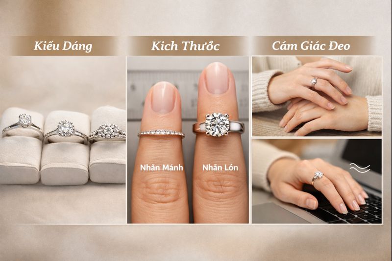 Đặc điểm kiểu dáng, kích thước và cảm giác đeo ảnh hưởng đến trải nghiệm nhẫn cầu hôn