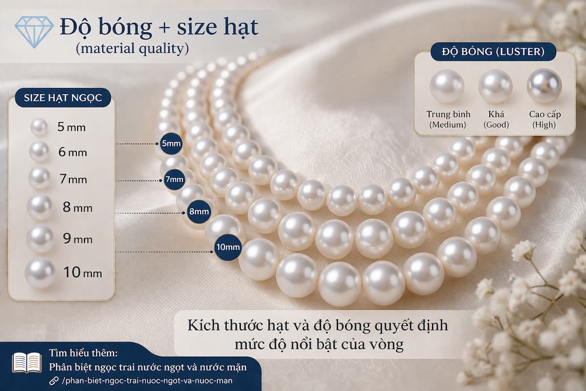 Độ bóng và kích thước hạt ngọc trai 5 đến 10mm trong vòng cổ nhiều tầng