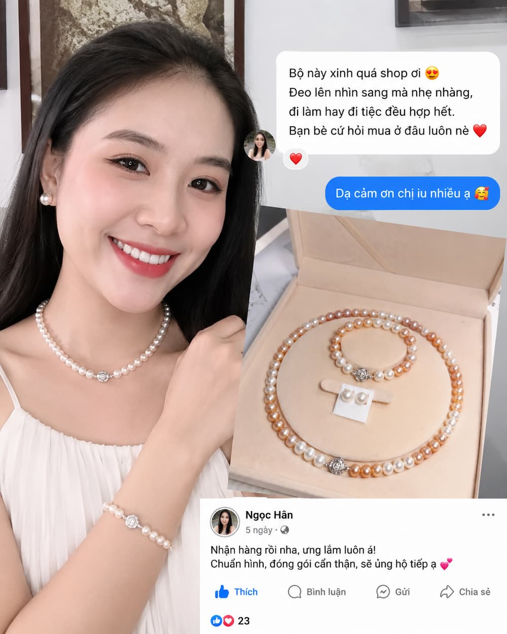 Khách hàng đeo bộ trang sức ngọc trai BTSNT251 với váy trắng thực tế