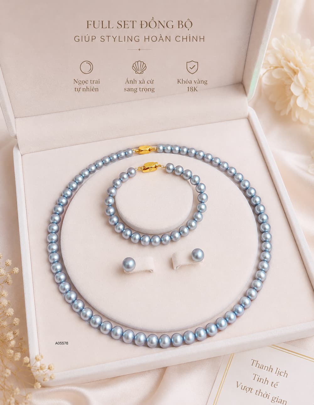 Bộ trang sức ngọc trai BTSNT255 gồm vòng cổ vòng tay bông tai đồng bộ hoàn chỉnh