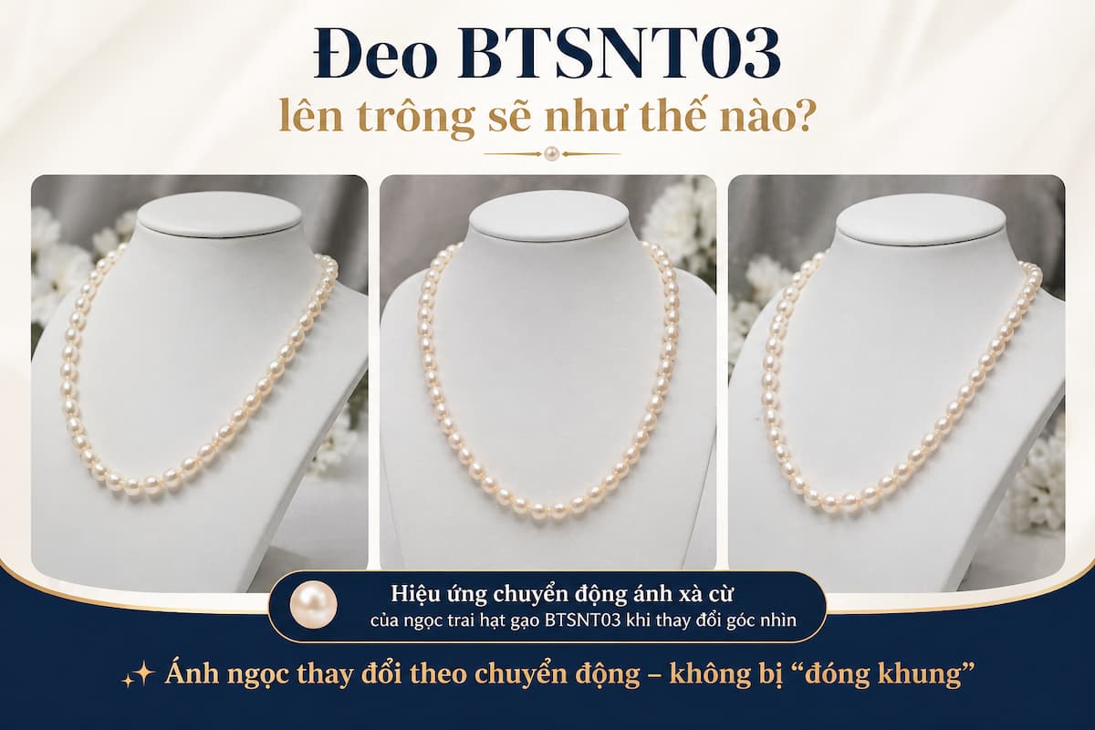 Hiệu ứng chuyển động ánh xà cừ của ngọc trai hạt gạo BTSNT03 khi thay đổi góc nhìn