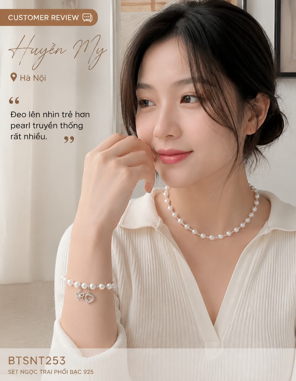 Khách hàng đeo set ngọc trai BTSNT253 với phong cách trẻ trung hơn pearl truyền thống
