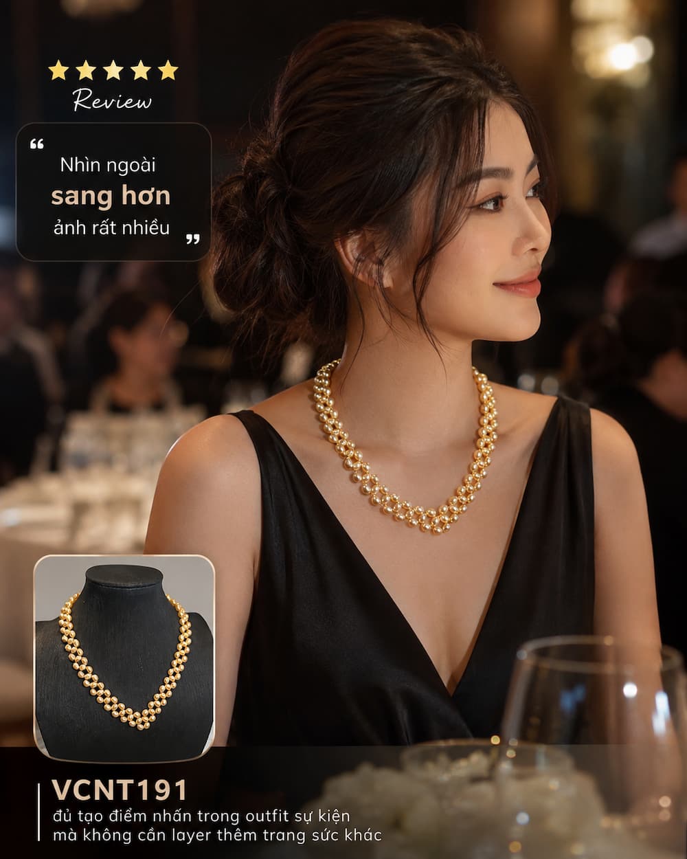Khách hàng đeo vòng cổ ngọc trai VCNT191 khi đi sự kiện với outfit tối giản không layer phụ kiện
