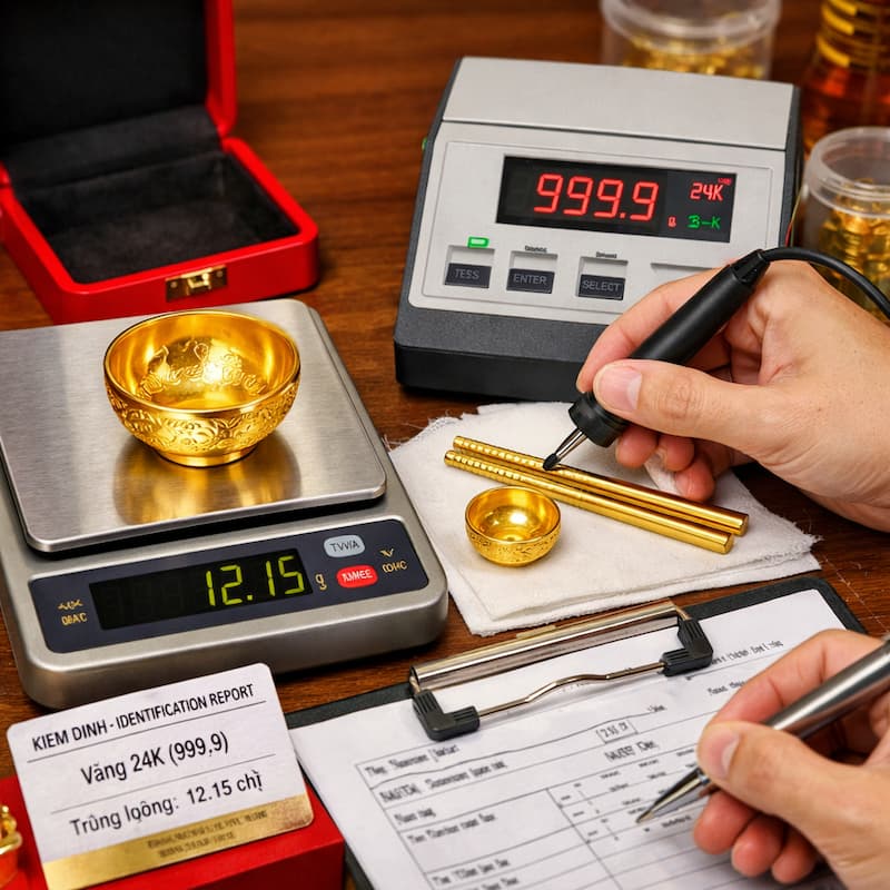 Kiểm tra trọng lượng và hàm lượng vàng 9999 trên bộ QTV32 trước khi giao