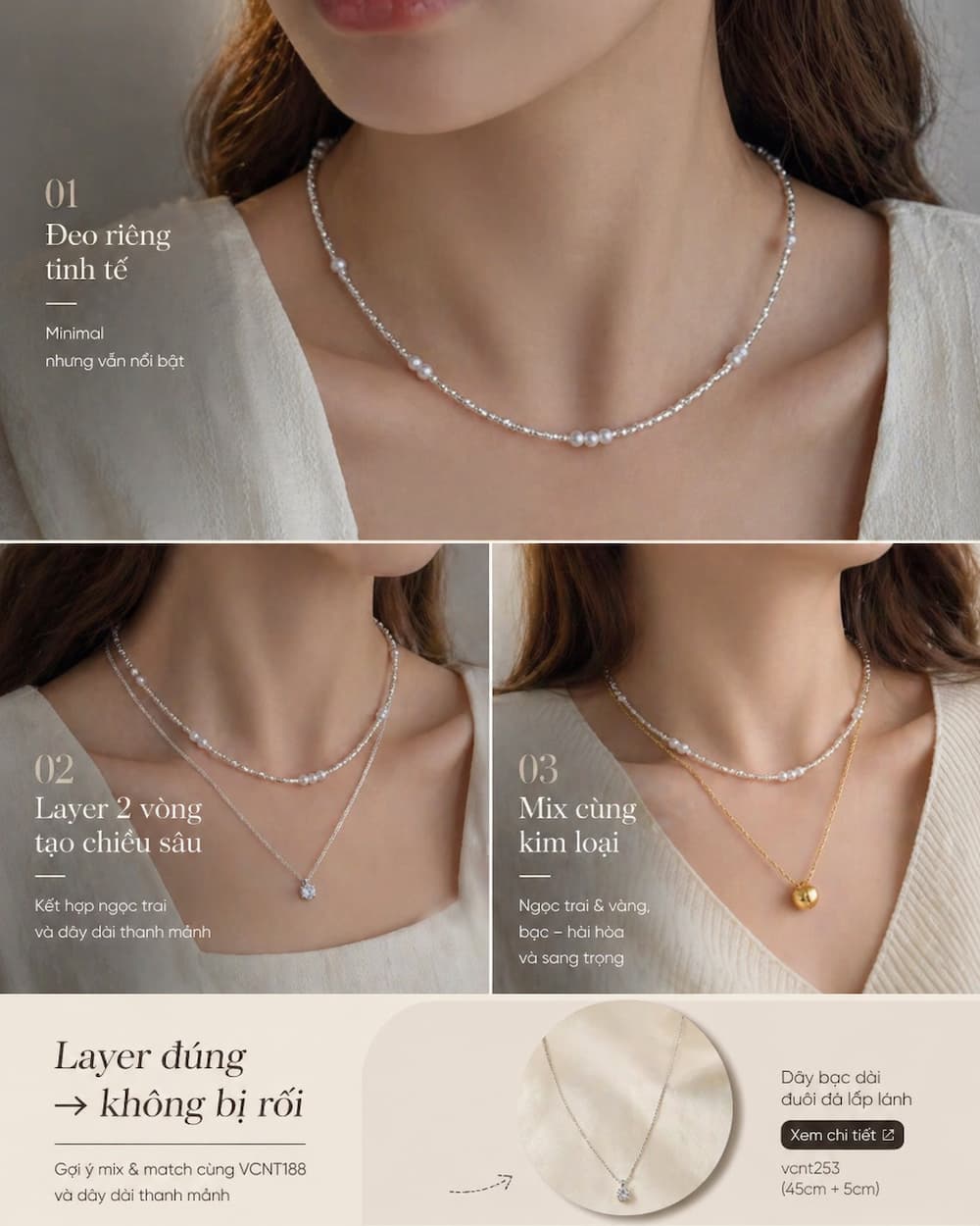 Cách layer vòng cổ VCNT188 với dây dài để tạo chiều sâu
