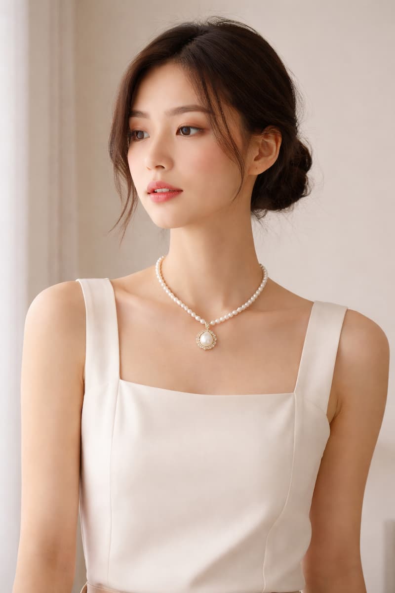 Outfit tối giản kết hợp vòng cổ ngọc trai có mặt tạo phong cách tinh tế