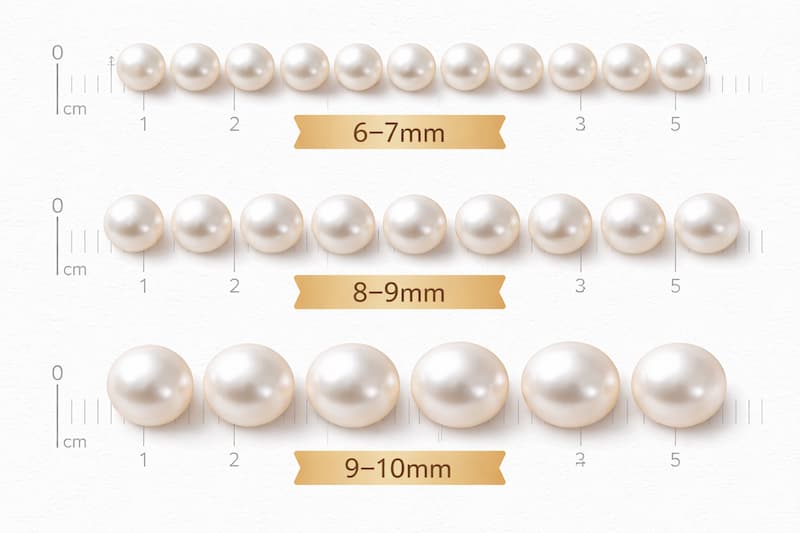 So sánh kích thước ngọc trai 6–7mm, 8–9mm và 9–10mm trên cùng thang đo