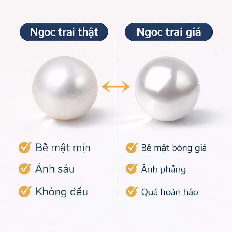 Phân biệt ngọc trai thật và giả bằng đặc điểm bề mặt và ánh sáng