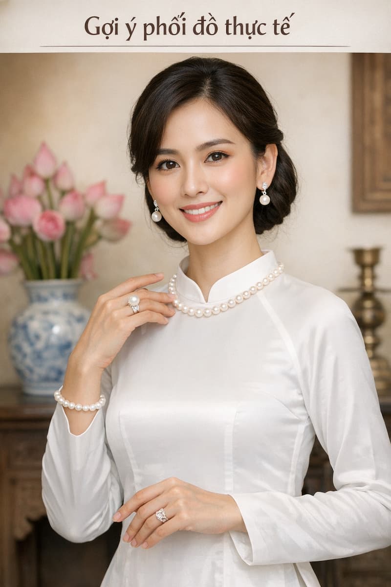 Phối bộ trang sức ngọc trai với áo dài truyền thống tạo phong cách thanh lịch và duyên dáng