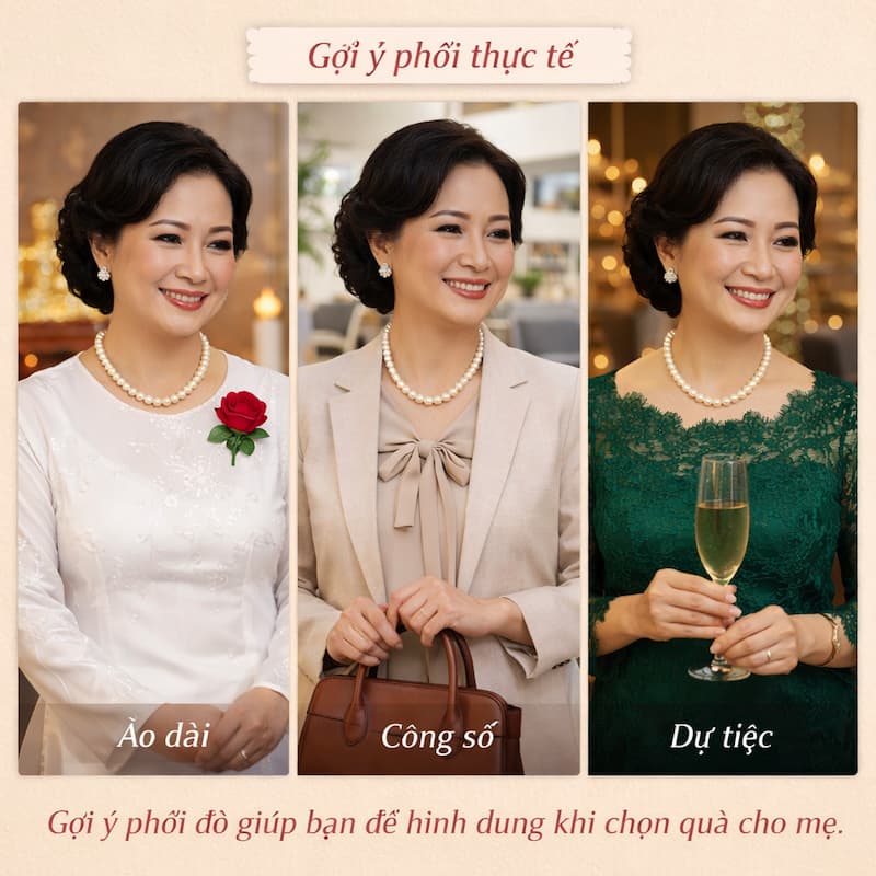 phối đồ với vòng cổ ngọc trai áo dài công sở và dự tiệc cho mẹ