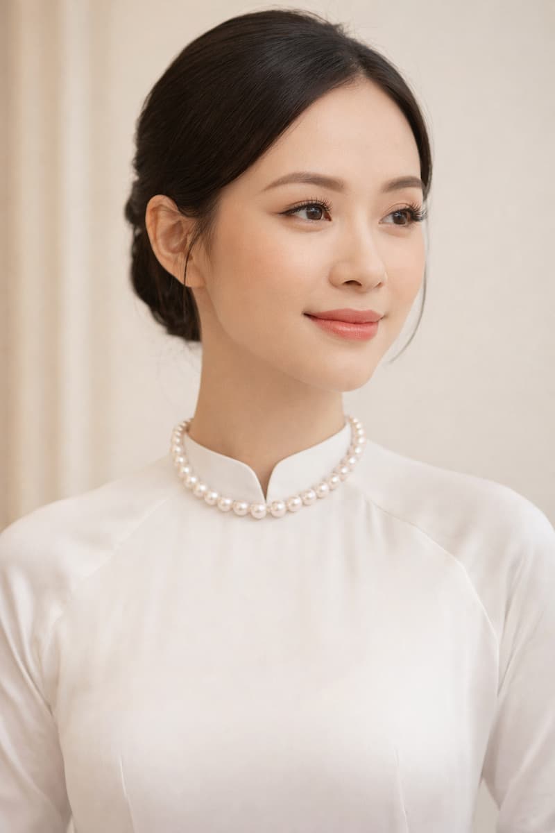 Phối vòng cổ ngọc trai trắng với áo dài truyền thống thanh lịch