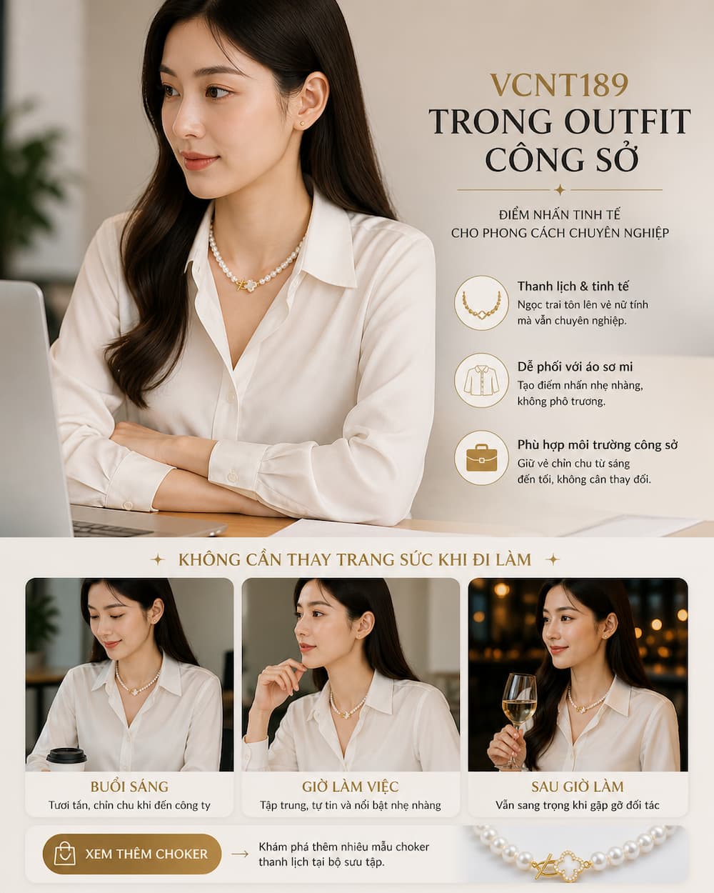 Vòng cổ VCNT189 phối với áo sơ mi tạo điểm nhấn tinh tế nơi công sở