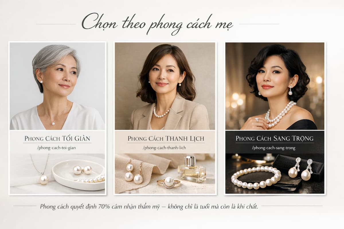 Phong cách trang sức ngọc trai cho mẹ 40–60 tuổi tối giản thanh lịch và sang trọng