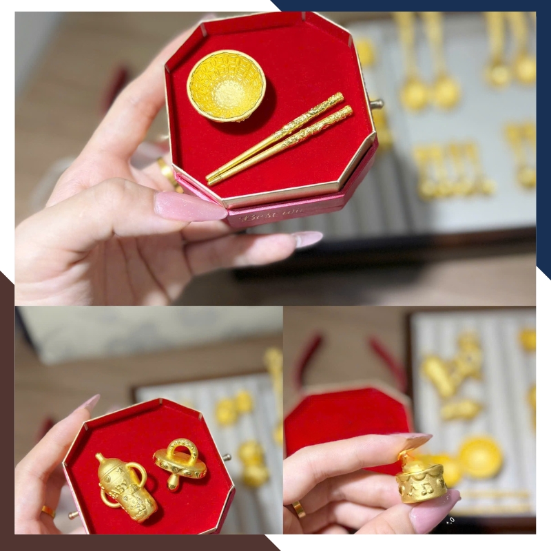 Kích thước thu nhỏ của bộ bát đũa vàng QTV32 phù hợp trưng bày trong hộp quà