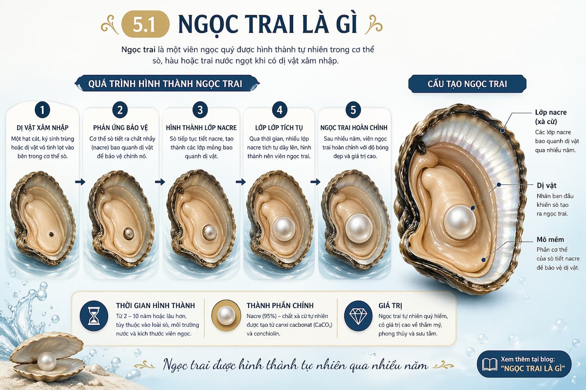 Quá trình hình thành ngọc trai trong cơ thể sò với lớp nacre bao quanh