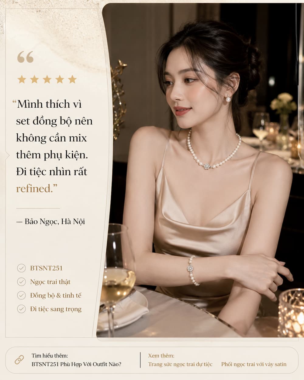 Khách hàng Bảo Ngọc đeo bộ ngọc trai BTSNT251 đồng bộ vòng cổ vòng tay bông tai khi đi tiệc tối