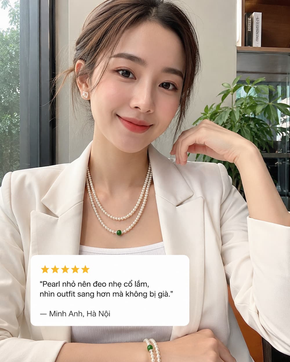 Khách hàng Minh Anh Hà Nội đeo bộ trang sức ngọc trai BTSNT252 phong cách office elegance thanh lịch