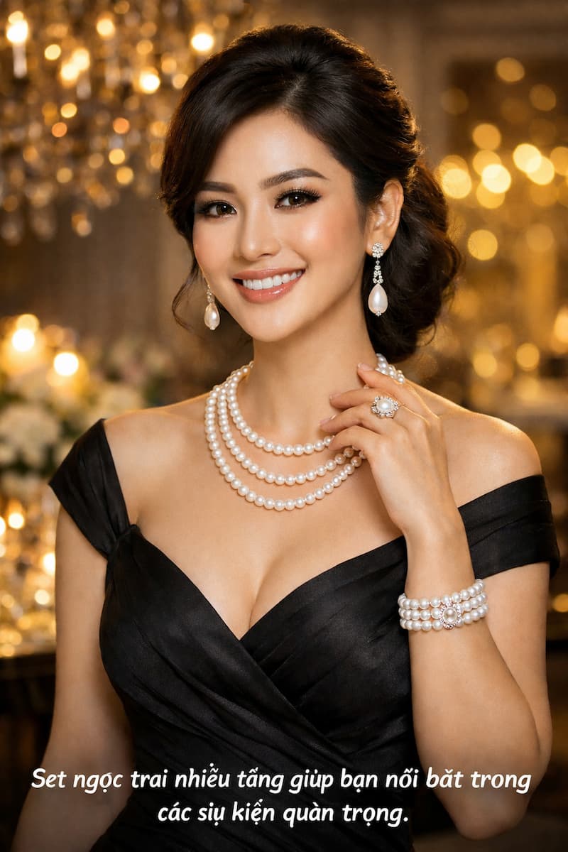 Bộ trang sức ngọc trai cao cấp đeo trong dạ tiệc tạo phong cách sang trọng và nổi bật