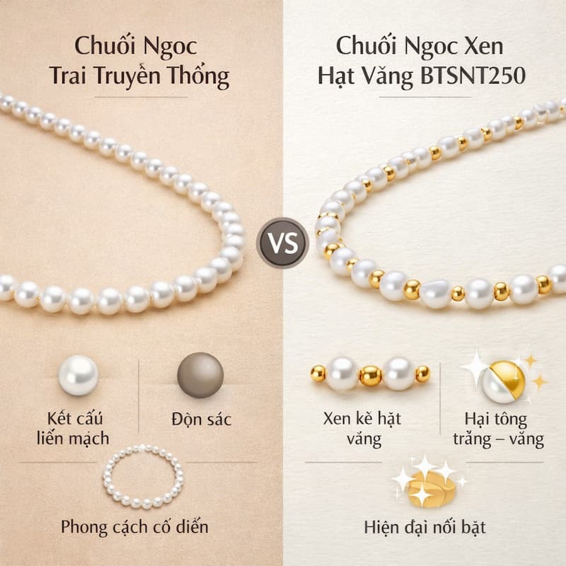 So sánh chuỗi ngọc trai truyền thống và chuỗi ngọc xen hạt vàng BTSNT250