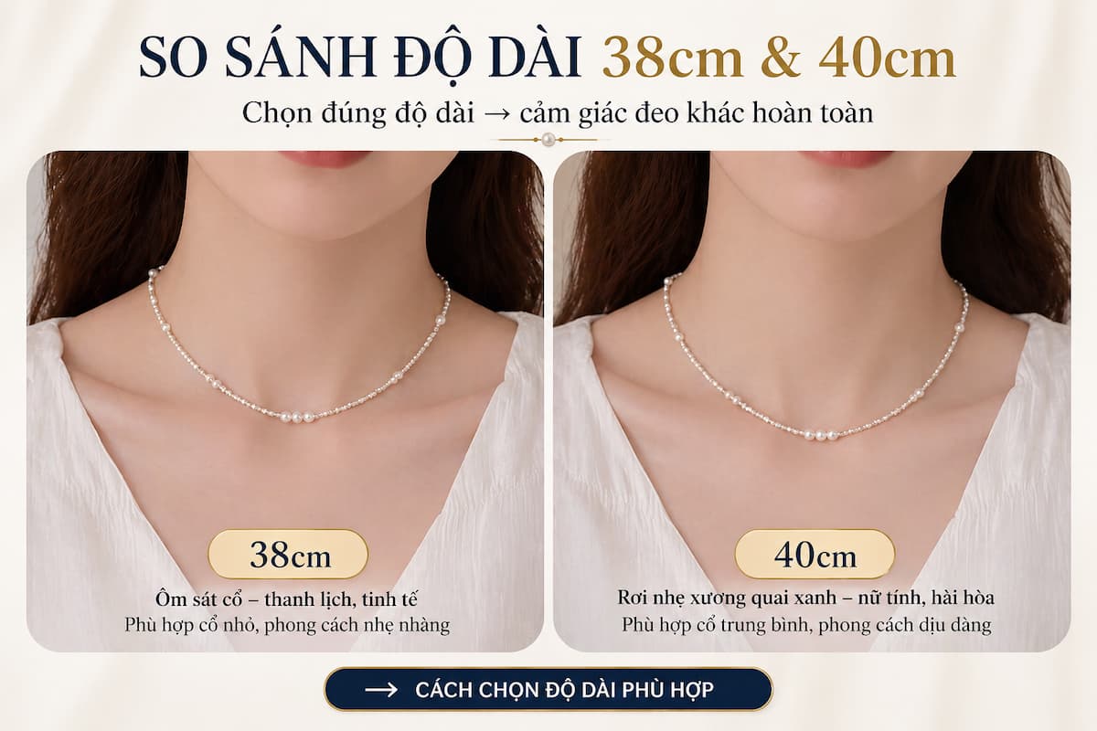 So sánh độ dài 38cm và 40cm của vòng cổ ngọc trai VCNT188 khi đeo