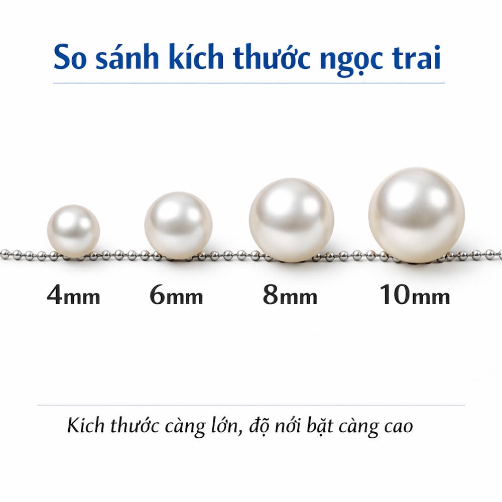 So sánh kích thước ngọc trai từ 4mm đến 10mm cho vòng cổ