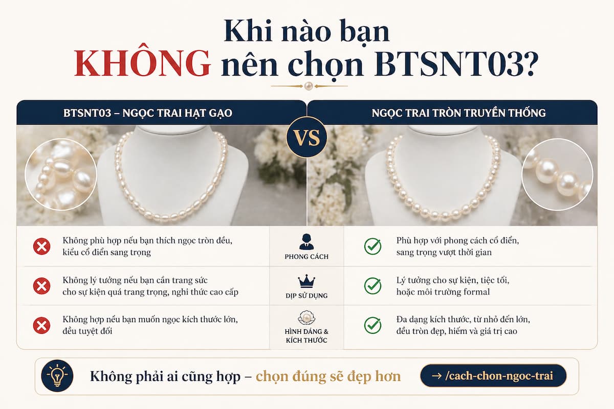 So sánh phong cách ngọc trai hạt gạo BTSNT03 và ngọc tròn truyền thống