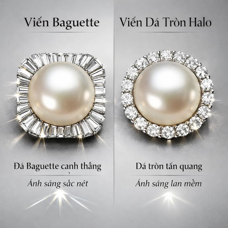 So sánh viền đá Baguette cạnh thẳng và viền đá tròn halo tán quang