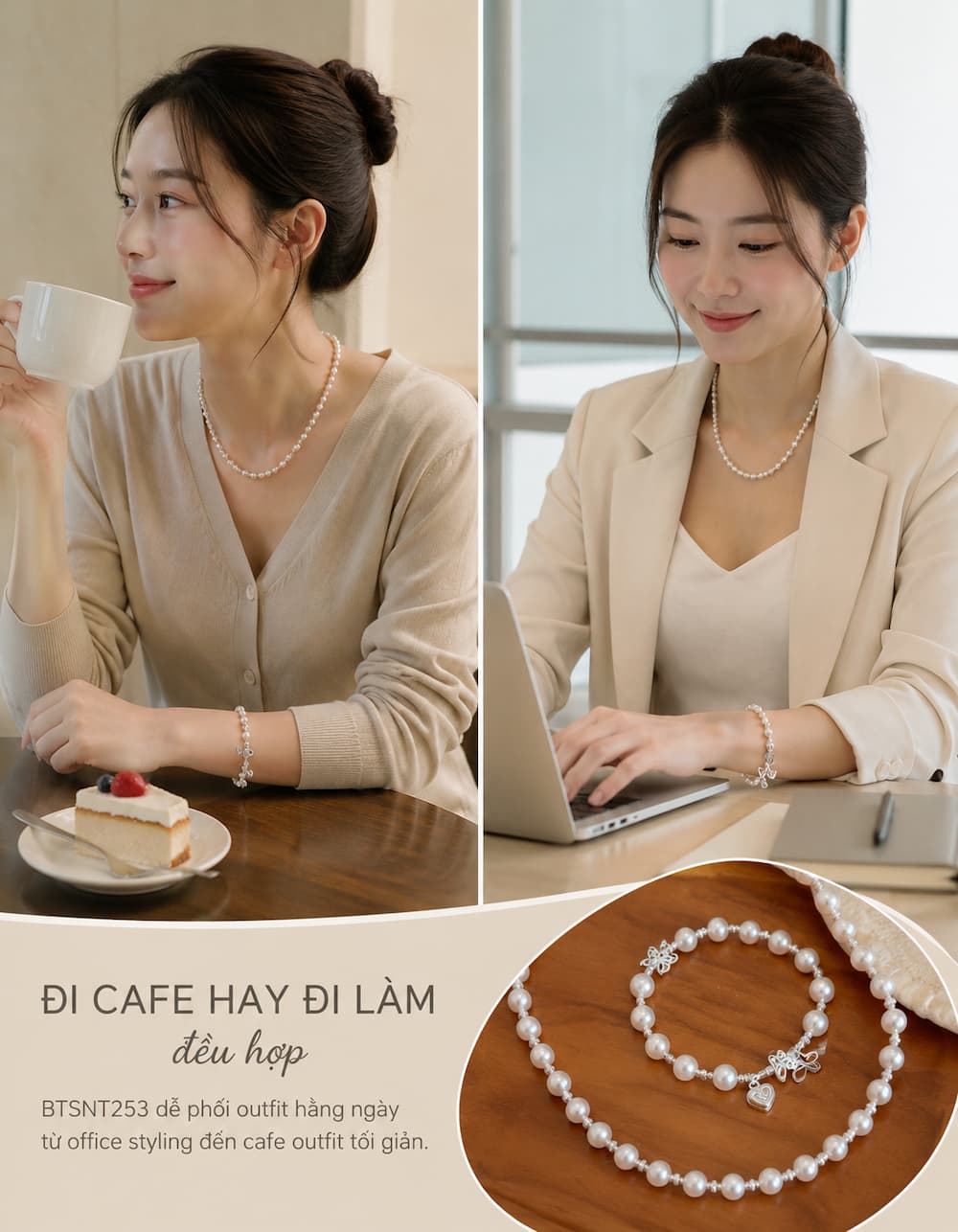 Khách hàng phối set ngọc trai BTSNT253 khi đi cafe và đi làm theo phong cách tối giản hiện đại