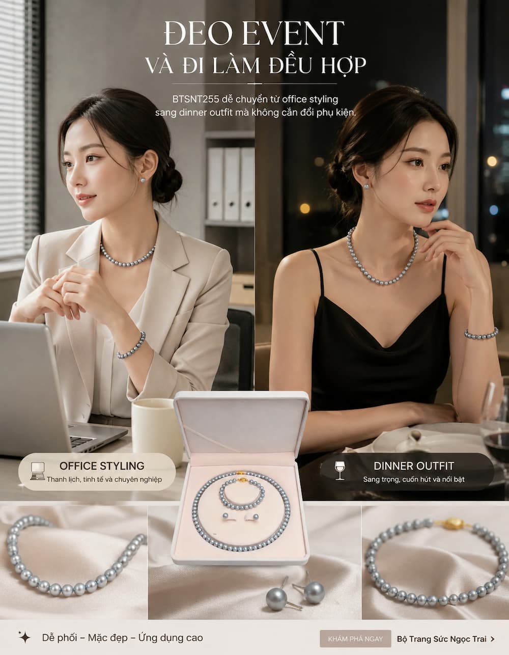 Bộ trang sức ngọc trai BTSNT255 phù hợp đi làm văn phòng và dinner outfit thanh lịch hiện đại