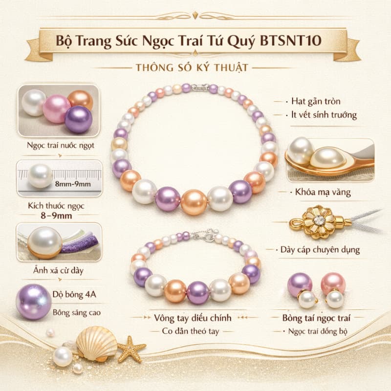 Infographic thông số bộ trang sức ngọc trai tứ quý BTSNT10
