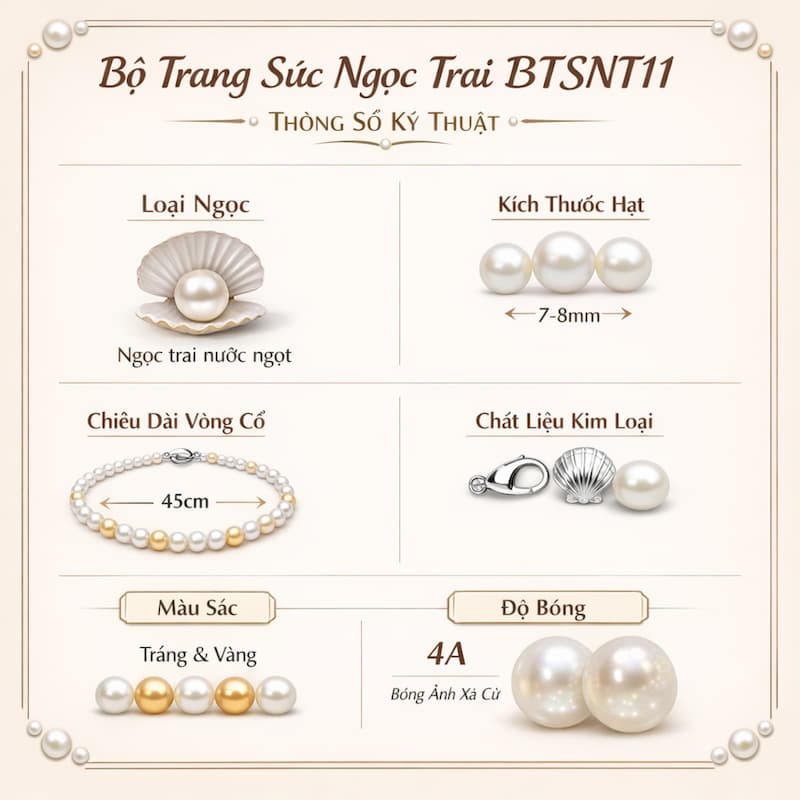 Infographic thông số bộ trang sức ngọc trai BTSNT11 kích thước 7–8mm