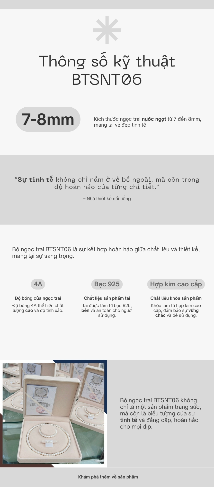 Thông số kỹ thuật chính của bộ ngọc trai BTSNT06