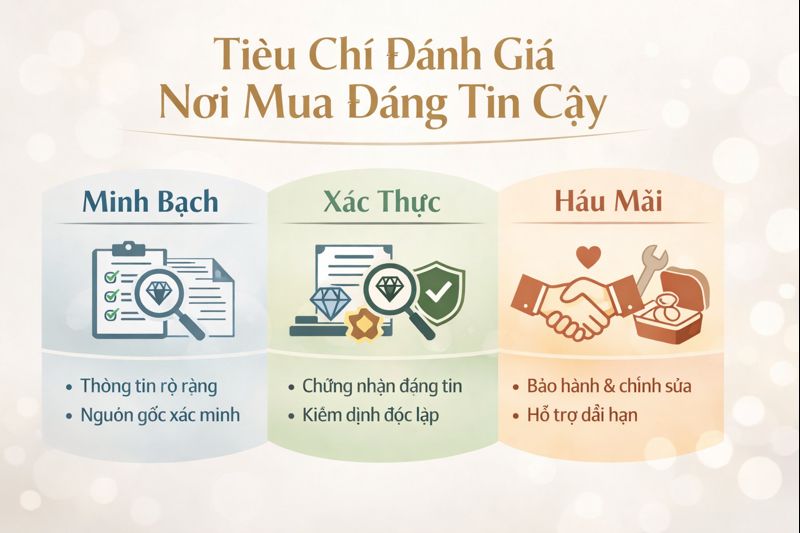 Các tiêu chí đánh giá nơi mua nhẫn cầu hôn dựa trên minh bạch, xác thực và trách nhiệm sau mua