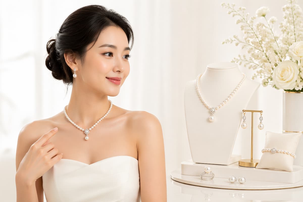 Trang sức ngọc trai cao cấp gồm vòng cổ, bông tai và bộ trang sức thanh lịch tại Anchi