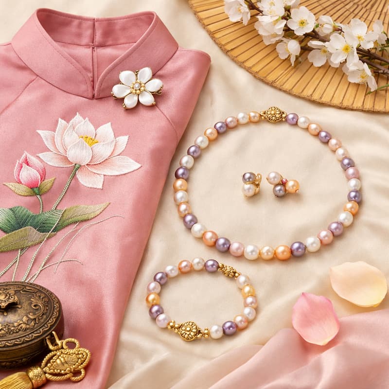 Bộ trang sức ngọc trai BTSNT10 thường được kết hợp với trang phục áo dài