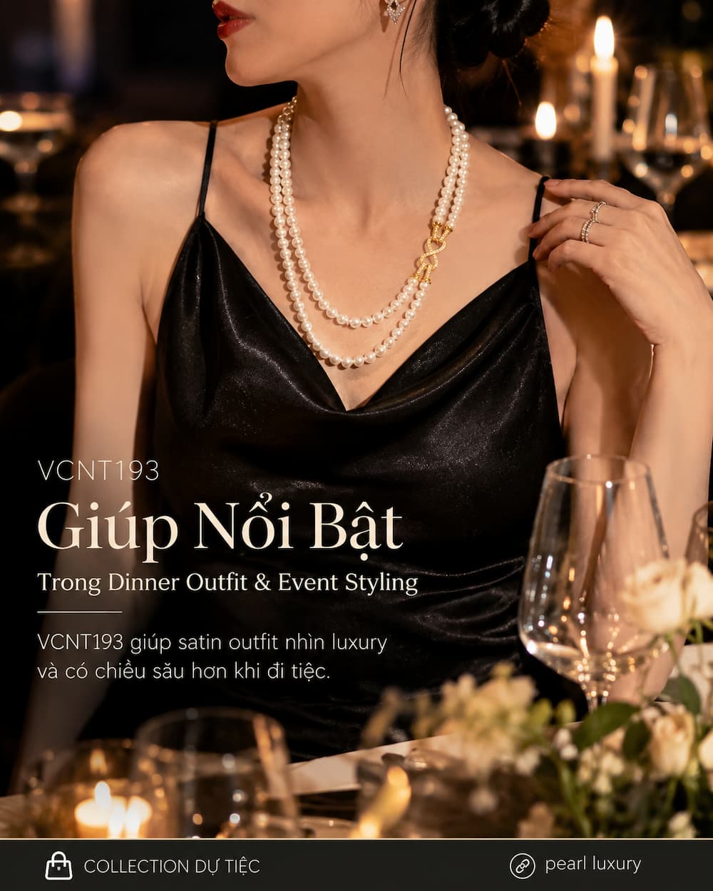 Vòng cổ ngọc trai VCNT193 trên váy satin đen trong dinner outfit sang trọng