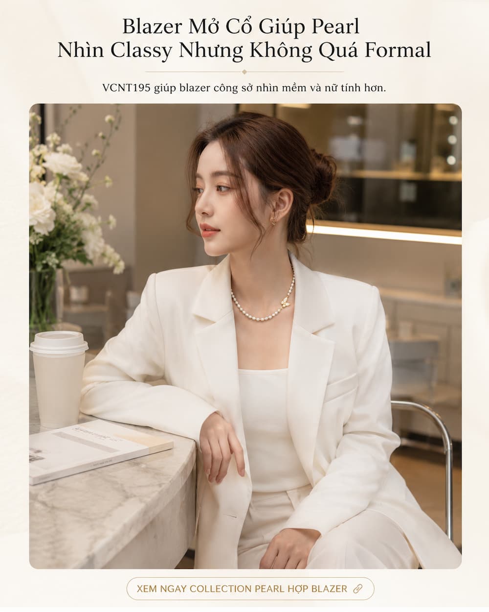 Vòng cổ choker ngọc trai VCNT195 phối blazer trắng mở cổ