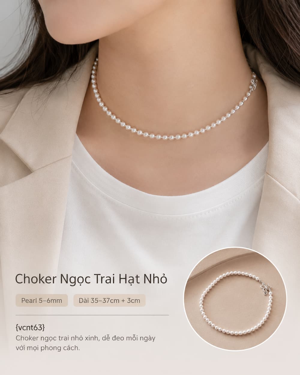 vòng cổ choker ngọc trai VCNT63 hạt nhỏ phong cách trẻ trung dễ phối đồ hằng ngày