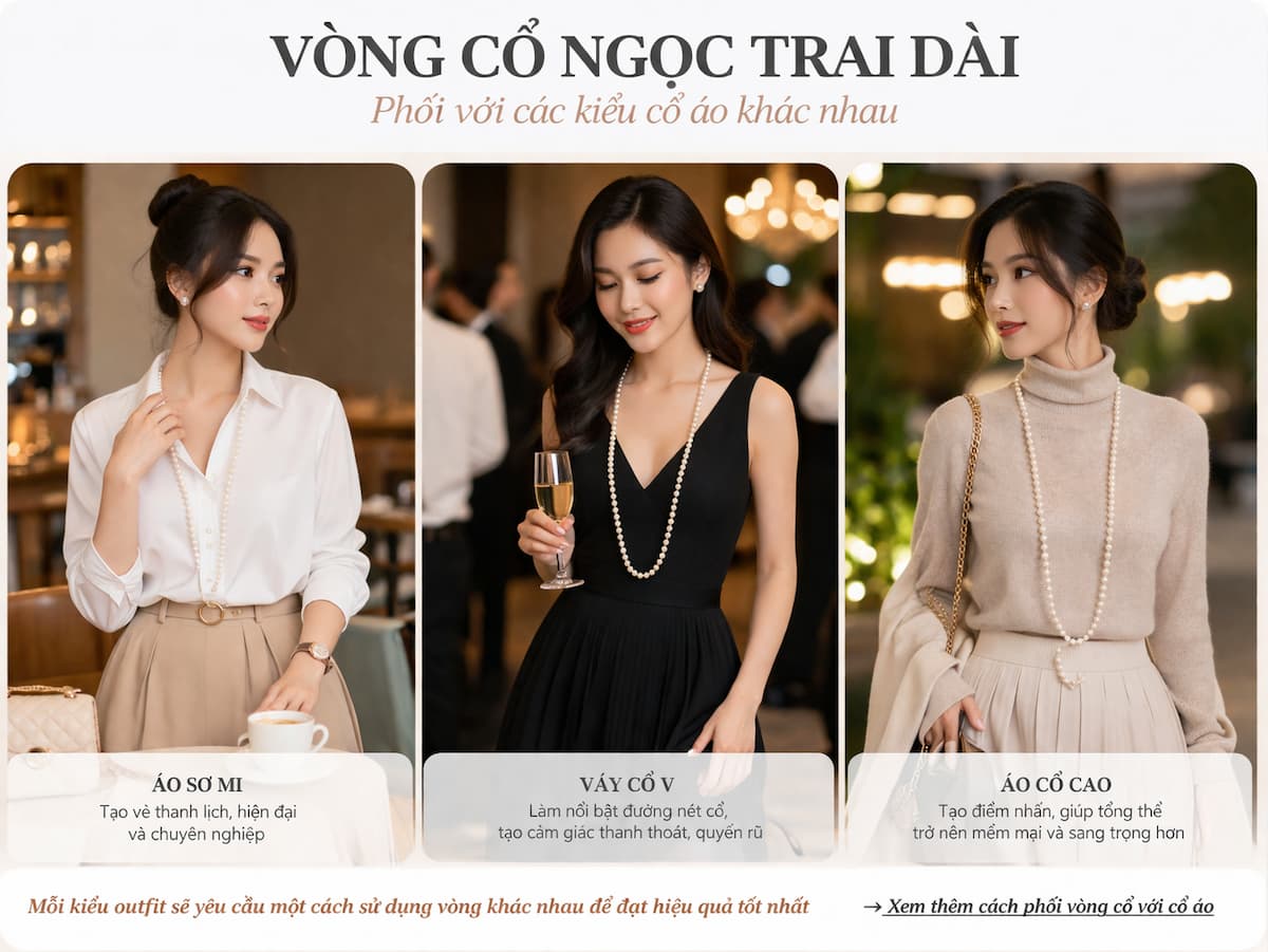 Vòng cổ ngọc trai dài phối với áo sơ mi và váy cổ V để tạo hiệu ứng thị giác khác nhau
