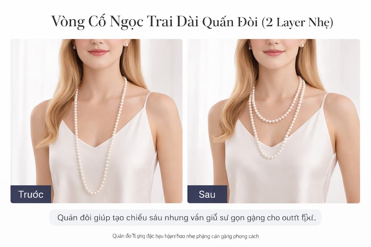 Vòng cổ ngọc trai dài quấn đôi tạo layering nhẹ giúp tăng chiều sâu outfit
