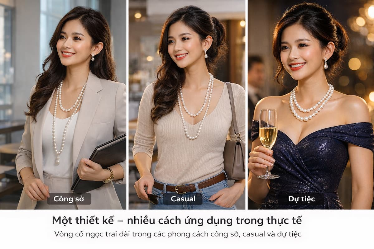 Vòng cổ ngọc trai dài trong các phong cách công sở, casual và dự tiệc