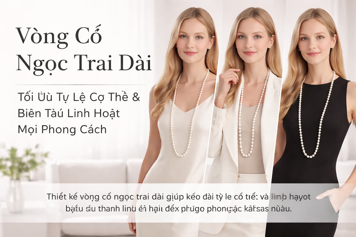 vòng cổ ngọc trai dài giúp tối ưu tỷ lệ cơ thể và dễ dàng biến tấu nhiều phong cách thanh lịch hiện đại