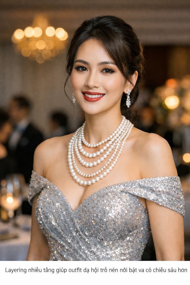 Vòng cổ ngọc trai nhiều tầng đeo với váy dạ hội sang trọng tạo điểm nhấn cổ và vai