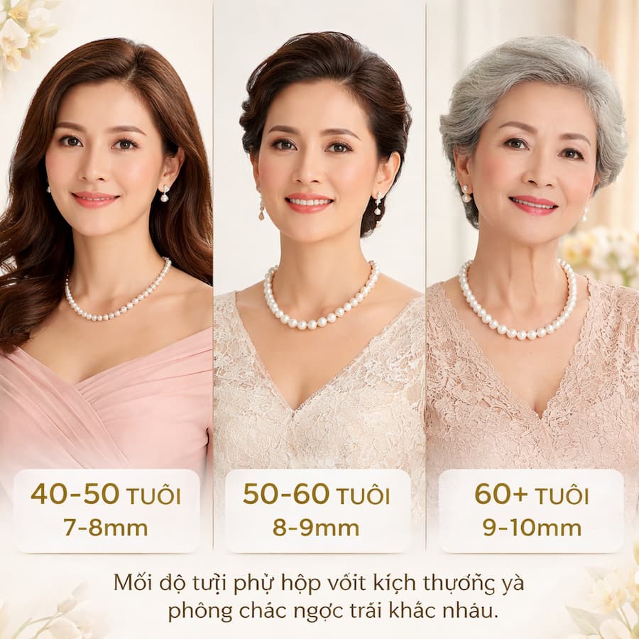 vòng cổ ngọc trai phù hợp mẹ 40 50 60 tuổi đeo thực tế theo độ tuổi