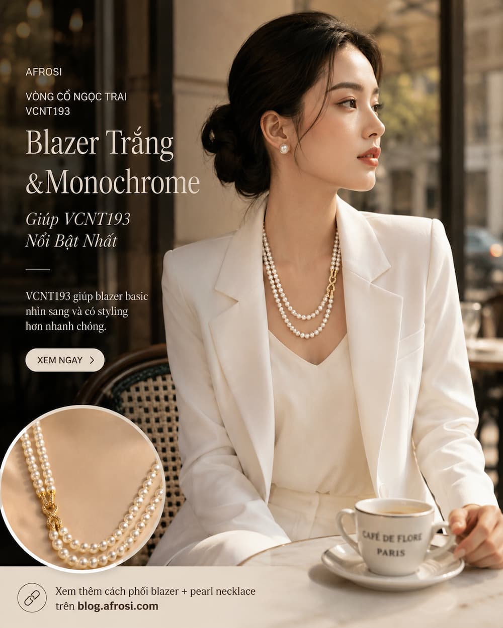 Vòng cổ ngọc trai VCNT193 phối blazer trắng phong cách old-money nữ tính